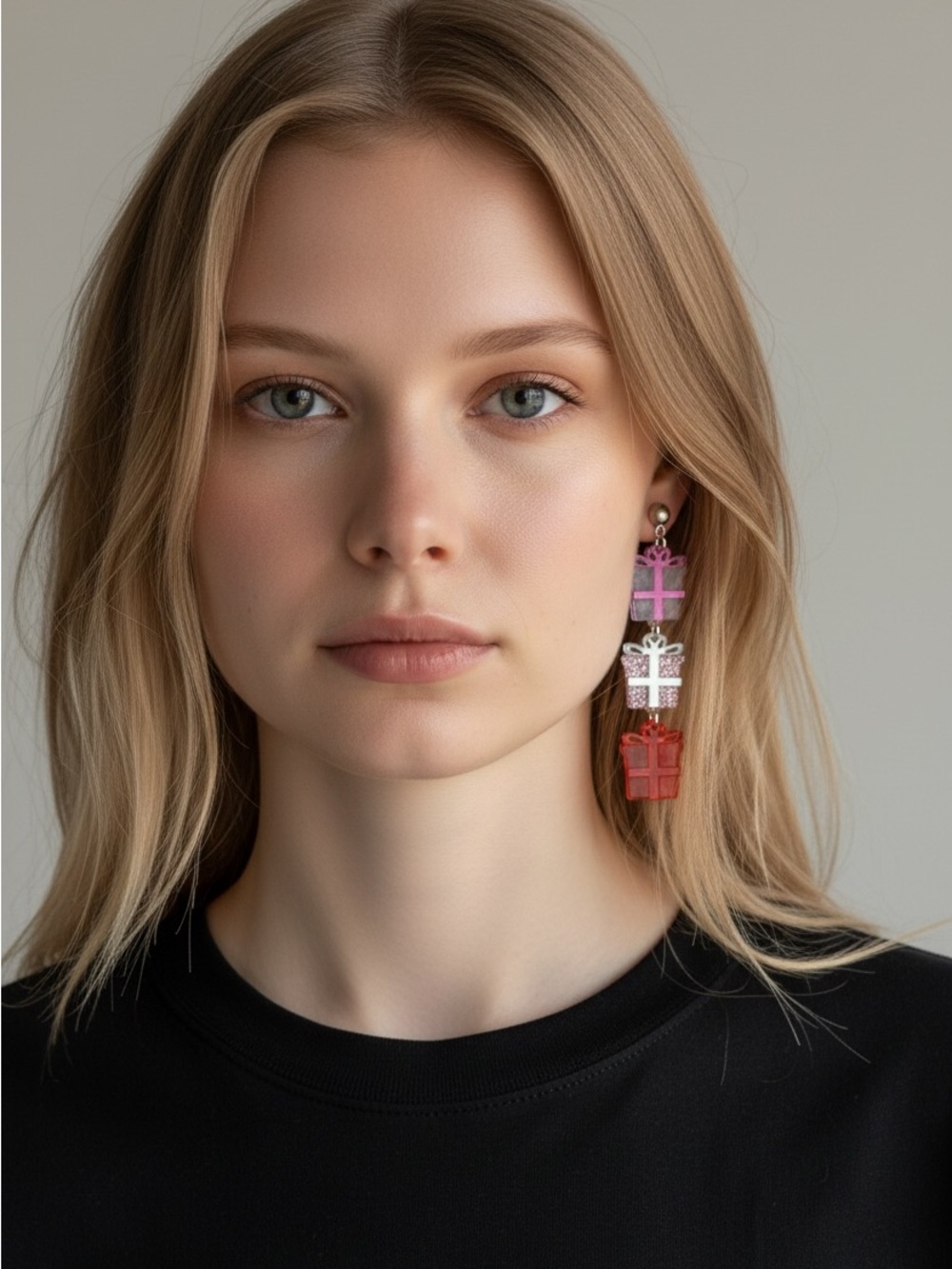 10/8 Gift Box Drop Earrings in Pink, White & Red